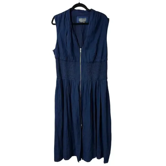 Anthropologie The Tommie Cap-Sleeve Smocked Front-Zip Shirt Dress Midi Denim 1X - Picture 2 of 9
